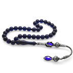 1000 Ayar Gümüş Kazaz Püsküllü Küre Kesim Lacivert Sıkma Kehribar Tesbih