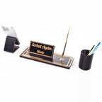 Vera Kalemlikli Gold Ahşap Masa İsimliği Seti Çizgi Desenli Hediye Ofis Dekoratif Masa üstü İsimlik 