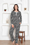 Kadın Çiçek Desen Bisiklet Yaka 3 Düğmeli %100 Pamuk Penye İnce Yazlık Uzun Kol Pijama Takımı