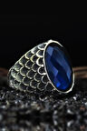Erkek Gümüş Yüzük - Anka Model - Lacivert Safir Kristal Kesim Taşlı Özel Seri Erkek Gümüş Yüzük