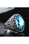 Turkuaz Paraiba Taşlı Yanı Işlemeli Özel Seri Erkek Gümüş Yüzük - Ey3128
