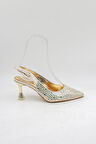 Park Moda Arkası Açık Taşlı Kısa Topuklu Kadın Ayakkabı PM439 Altın