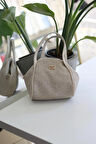 Krem Hasır Dokulu Çift Kulp Askılı Omuz Çantası