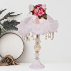 Ekru Kadife Fuşya Çiçek Süsleme Kaplı Dantel Süsleme Sarkan Vintage Abajur 30x50cm AB1008