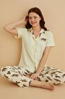 Dreamy İpeksi Kaşkorse Leopar Desenli Kısa Kollu Gömlek Pijama Takımı