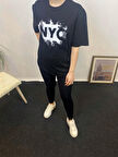 Kadın Bisiklet Yaka Oversize Fit NYC Baskılı Tişort SPR24TSk114