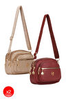 Kadın Çapraz Askılı Günlük Vizon Ve Bordo Omuz Çantası 2 Adet