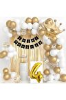 Kral Taçlı 4 Yaş Doğum Günü Gold Beyaz Balon Seti