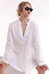 V Yaka Göğüs Dekolteli Uzun Kol Salaş Bluz