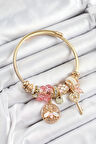 316L Çelik Pembe Zirkon Taşlı Baykuş Arı Ve Anahtar Model Gold Renk Charm Bileklik
