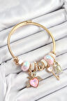 316L Çelik Pembe Zirkon Taşlı Kilit Anahtar Ve Kalp Model Gold Renk Charm BileklikCharm Bileklik