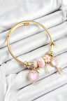316L Çelik Pembe Zirkon Taşlı Anahtar Ve Kalp Model Gold Renk Charm Bileklik