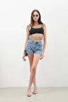 Kadın Yüksek Bel Püsküllü Açık Mavi Jean Şort