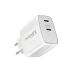 Promate PowerPort-65 GaNFast 65W Süper Hızlı Type-C PD Şarj Cihazı, Tablet, Akıllı Telefon, Notebook Uyumlu Beyaz