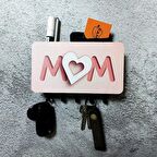 CajuArt Pembe Kalpli Mom Anne Yazılı Bölmeli Anahtarlık Duvar Askılık Dekor