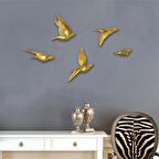 5 Farklı Çeşit Üç Boyutlu Uçan Kuşlar Duvar Dekoru Biblo Altın-20 x 15