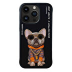 iPhone 15 Pro Max Uyumlu 3D Gözlük Zincir Köpek Detaylı Nakış İşlemeli Kabartmalı Cool Glasses Kılıf