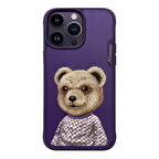 iPhone 15 Pro Max Uyumlu 3D Kıyafet Mor Ayıcık Detaylı Nakış İşlemeli Kabartmalı Fashion Pet Kılıf