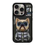 iPhone 15 Pro Max Uyumlu 3D Gözlük Fermuar Köpek Detaylı Nakış İşlemeli Kabartmalı Cool Cute Kılıf