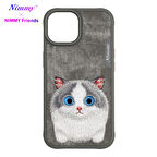 iPhone 15 Pro Uyumlu 3D Göz Gray Kedi Detaylı Gerçek Nakış İşlemeli Kabartmalı Big Eyes Kılıf