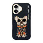 iPhone 16 Uyumlu 3D Gözlük Zincir Köpek Detaylı Nakış İşlemeli Kabartmalı Cool Glasses Kılıf