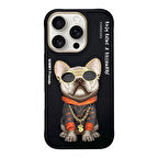 iPhone 16 Pro Max Uyumlu 3D Gözlük Zincir Köpek Detaylı Nakış İşlemeli Kabartmalı Cool Glasses Kılıf