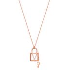 Zirkon Taşlı Pırlanta Montür Rose Altın Kaplama Anahtarlı Kilit V Harfi Gümüş Kolye