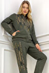 Haki Leopar Crystal Taşlı Büyük Beden Kadın Iki Iplik Pamuk Haki Eşofman Takımı
