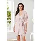 Pierre Cardin Dantelli Penye Gecelik Sabahlık Takımı Pudra