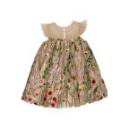 Panço Kız Çocuk Nakışlı Kumaş Detaylı Parti Elbisesi Pudra