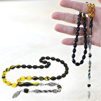 Tesbihane Kararmaz Metal Halat Püsküllü Arpa Kesim Süzme Sarı-Siyah Ateş Kehribar Tesbih