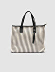 Cabani Çizgili Keten Bej - Siyah Kadın Çanta