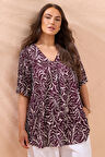Büyük Beden V Yaka Kısa Kollu Soyut Desenli Asimetrik Kesim T-shirt 616219