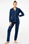 Düz Uzun Kollu Gömlek Yaka Pijama Takım 3365/Lacivert