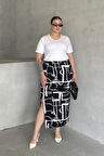 Büyük Beden Beli Lastikli Soyut Desenli Yırtmaç Detaylı Uzun Etek 98-120