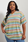 Büyük Beden V Yaka Çizgili Zebra Desenli T-shirt 303953
