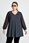 Büyük Beden Uzun Tül Kol V Yaka Bilekleri Lastikli Simli Bluz 78-132
