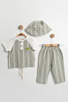Erkek Bebek Şapkalı 3'lü Çizgili Takım (Body+Şort+Şapka) Müslin