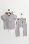 Erkek Çocuk Kapüşonlu Müslin Yazlık Takım (2-3-4-5 Yaş) Ultra Yumuşak