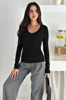 Kadın Likralı V Yaka Uzun Kollu Bluz – Esnek & Günlük Şıklık