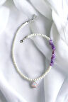 Mor Kırık Taşlı Asimetrik İncili Kolye