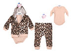 Kız Bebek Takım Leoparlı Kapişonlu Üç Parça