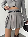 Gri Çizgili Astarlı Şortlu Kemerli Pileli Kışlık Mini Etek