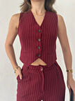 Bordo Çizgili Kolsuz Düğmeli Astarlı Yelek