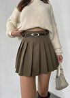 Haki Astarlı Şortlu Kemerli Pileli Kışlık Mini Etek