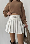 Beyaz Astarlı Şortlu Kemerli Pileli Kışlık Mini Etek
