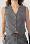 Antrasit Çizgili Kolsuz Düğmeli Astarlı Yelek