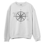 Compass Map  Baskılı Beyaz Sweatshirt