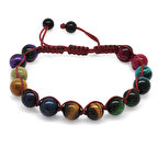 Kırmızı Makrome Örgülü Küre Kesim Çoklu Kaplangözü Doğaltaş Kombinli Kadın Enerji Bilekliği