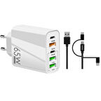 ScHitec 120W 3 Type-C + 2 UsbA Toplam 5 Çıkışlı Philips 3in1 Micro Usb-Lightining-Type-C Kablolu 2m  Şarj Aleti Beyaz SR104